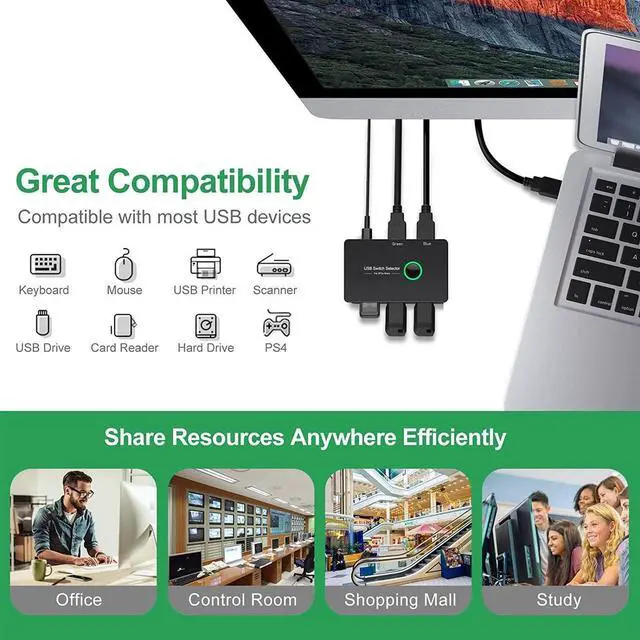 Alt view image 5 of 7 - 2 in 4 Out USB 3.0 KVM Switch, Premium USB Switcher Box for 2 Computers Sharing 4 USB Devices, USB 3.0 Switch for Keyboard Mouse Printer Scanner, Peripheral Switcher Compatible with Mac/Windows/Linux