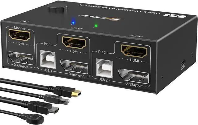 Main image of Dual Monitor HDMI + Displayport KVM Switch 4K @60Hz 2K @120Hz, HDMI DP Extended Display Switcher for 2 Computers Share 2 Monitors and 4 USB 2.0 Ports, Wired Remote and 4 Cables Included