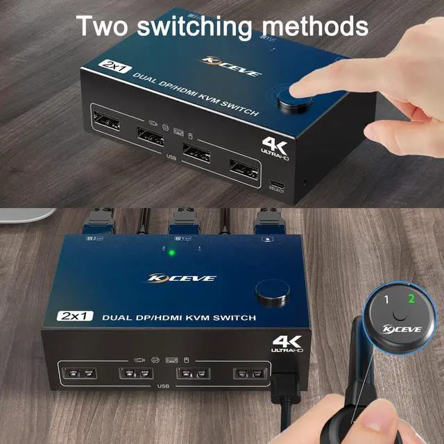Alt view image 4 of 6 - Dual Monitor HDMI + Displayport KVM Switch 4K @60Hz 2K @120Hz, HDMI DP Extended Display Switcher for 2 Computers Share 2 Monitors and 4 USB 2.0 Ports, Wired Remote and 4 Cables Included