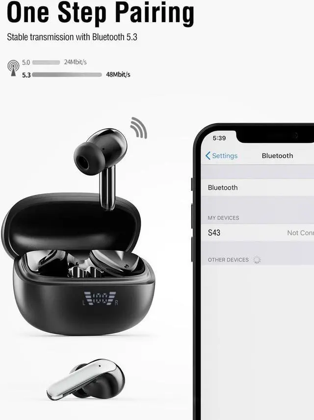 Alt view image 6 of 7 - True Wireless Earbuds, Bluetooth 5.3 Headphones 40H Playtime with 4 ENC Noise-Cancelling Mic, LED Digital Display Charging Case, Deep Bass IPX7 Waterproof Earphones Stereo Headset for Smartphones