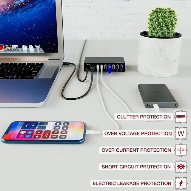 Alt view image 6 of 7 - 7 Ports USB Hub 3.0 Powered USB Hub Spllitter - High-Speed Data Transfer - Aluminium Alloy, with Power Adapter 12V/3A/36W, HDD, USB Flash Drive, Laptop, Mouse, Console