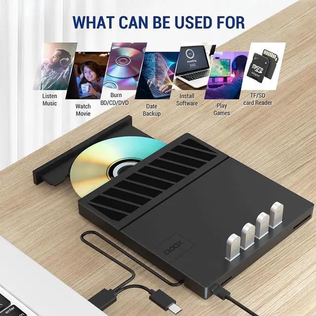 Alt view image 4 of 7 - [7-in-1] External Blu-ray DVD Drive, BD Player with Read/Write Blu ray Drive Burner SD/TF Card Slots and 4 USB Ports DVD Burner Optical Drive 3D Bluray Drive for Laptop PC Desktop Windows 11 10 Mac OS