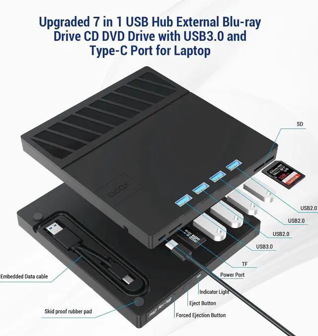 Alt view image 7 of 7 - [7-in-1] External Blu-ray DVD Drive, BD Player with Read/Write Blu ray Drive Burner SD/TF Card Slots and 4 USB Ports DVD Burner Optical Drive 3D Bluray Drive for Laptop PC Desktop Windows 11 10 Mac OS