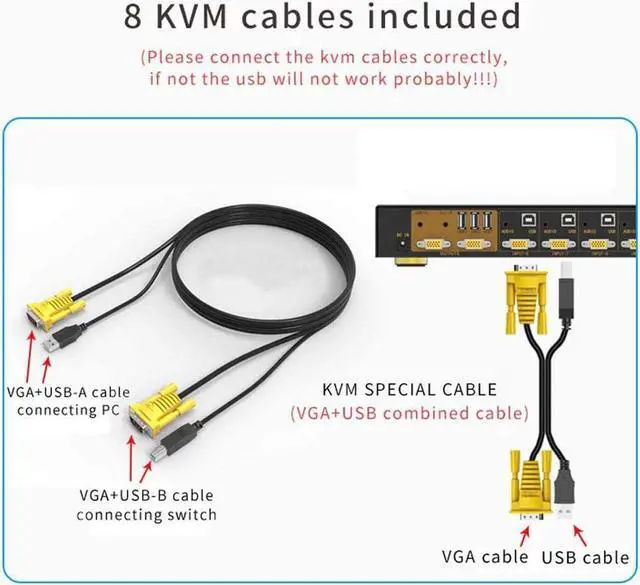 Alt view image 4 of 7 - VGA KVM Switch 8 Port 8 in 2 Out Switcher 8x2 VGA Switch Supports Wireless Keyboard and Mouse Audio USB 2.0 Devices Sharing 8 Computers with Remote Control
