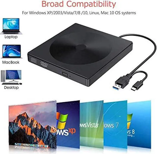 Alt view image 4 of 7 - External CD DVD Drive, Type C USB 3.0 Portable CD/DVD RW Writer Burner, Low Noise High Speed Transfer Drive, Compatible with Laptop, Desktop, Windows XP/2003/Vista/7/8/10, Linux, Mac OS