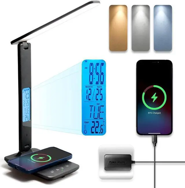 Main image of LED Desk Lamp, Desk Lamp with Wireless Charger, Suitable for Home, Office Dimmable Desk Lamp, with USB Charging Port, Built-in Clock, Calendar, Thermometer and Automatic Timing Reading Desk Lamp