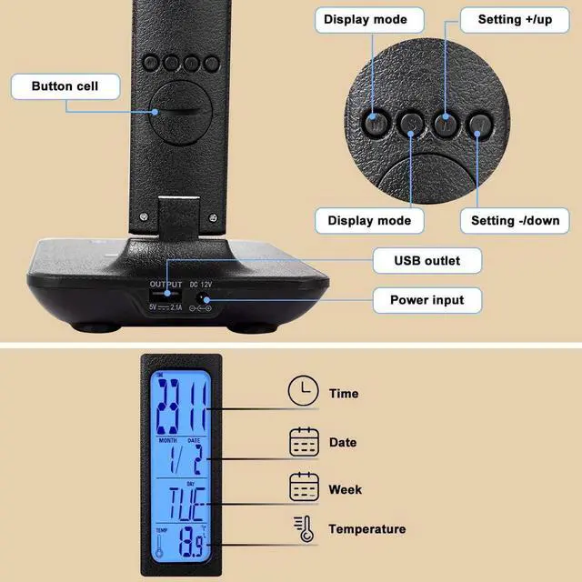 Alt view image 5 of 7 - LED Desk Lamp, Desk Lamp with Wireless Charger, Suitable for Home, Office Dimmable Desk Lamp, with USB Charging Port, Built-in Clock, Calendar, Thermometer and Automatic Timing Reading Desk Lamp