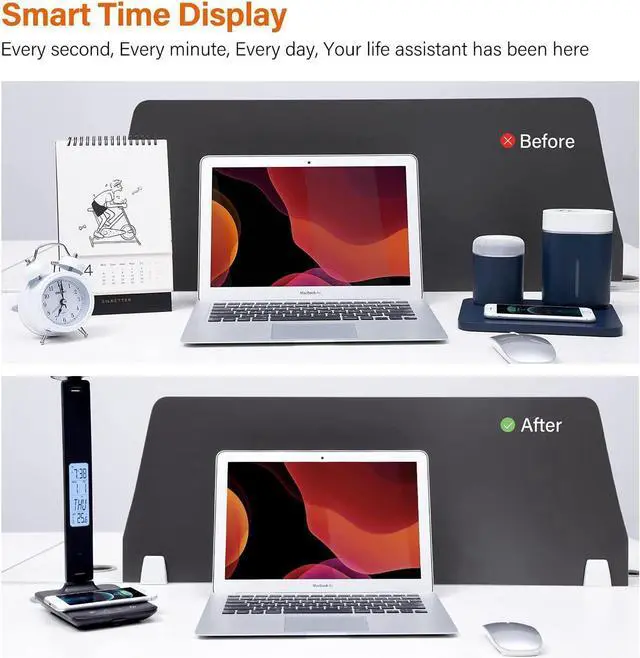 Alt view image 4 of 7 - LED Desk Lamp, Desk Lamp with Wireless Charger, Suitable for Home, Office Dimmable Desk Lamp, with USB Charging Port, Built-in Clock, Calendar, Thermometer and Automatic Timing Reading Desk Lamp