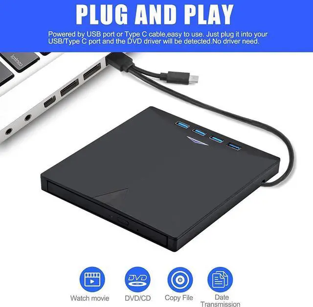 Alt view image 4 of 7 - External CD DVD Drive, 7-in-1 Optical External CD/DVD Burner with 4 USB 3.0 Ports SD/TF Reader, USB 3.0 Type C CD DVD ROM +/-RW Player for Laptop for M-a-c-book Windows 10/ 8/7 Linux OS