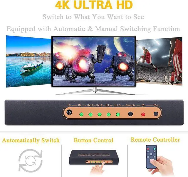 Alt view image 3 of 7 - 5 Ports HDMI Switch 4K, 5x1 HDMI Splitter Switch 5 In 1 Out HDMI Switcher with IR Remote Support 4K 60hz, 2K, 1080P, 3D, HDCP 2.2, UHD, HDR for PS 3/4, XBOX One/360, DVD Player, HDTV, Projector
