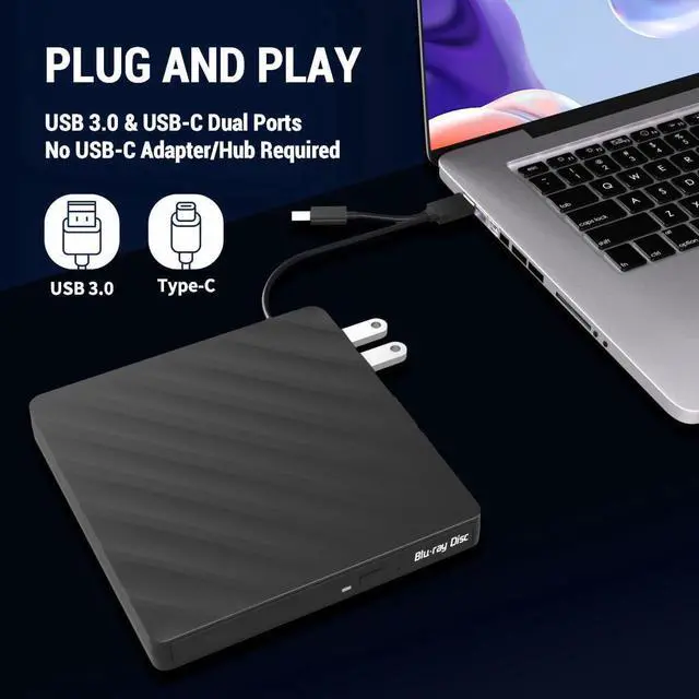 Alt view image 2 of 7 - [5-in-1] External Blu Ray Drive, USB 3.0 Type-C External blu ray Burner Slim Optical CD DVD Drive Burner with SD/TF Card Reader/2 USB 3.0 Hubs for PC Windows XP/7/8/10, MacOS, Laptop, Desktop (Black)