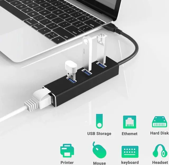 Alt view image 3 of 7 - USB to Ethernet Adapter, USB A to 3 Ports USB 3.0 Hub with 10/100/1000 Mbps LAN RJ45 Gigabit Network Adapter, Supports Windows 10/8/7, Mac OS, Linux
