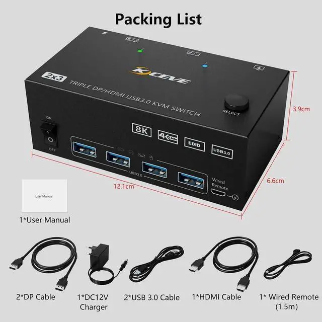 Alt view image 6 of 6 - USB 3.0 HDMI + 2 DisplayPort KVM Switch 3 Monitors 2 Computers, 8K@60Hz KVM Switch 4K@144Hz, KVM Switch Displayport 1.4 + HDMI 2.1 for 2 PC Share Mouse, Keyboard and 3 Monitors, with Wired Remote