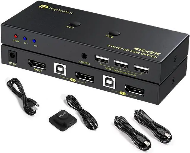 Main image of DisplayPort KVM Switch 2 Port, KVM Switch DisplayPort for 2 Computers Sharing 1 Monitor and 3 USB Devices, Support 4K @60Hz, 2K(2560X1440) @120Hz, with Extended Control Switch and 2 USB Cables