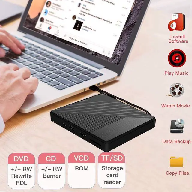 Alt view image 2 of 6 - External DVD CD Drive, USB 3.0 Type-C Portable CD/DVD ROM +/-RW Drive/DVD Player Rewriter Burner with 2 USB, SD/TF Port, Micro USB, Compatible with Laptop Desktop PC Windows Apple Mac