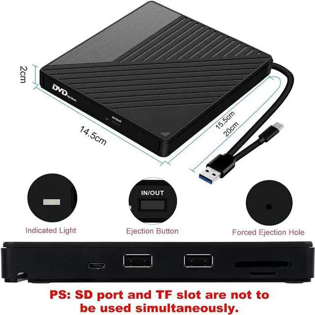 Alt view image 5 of 6 - External DVD CD Drive, USB 3.0 Type-C Portable CD/DVD ROM +/-RW Drive/DVD Player Rewriter Burner with 2 USB, SD/TF Port, Micro USB, Compatible with Laptop Desktop PC Windows Apple Mac