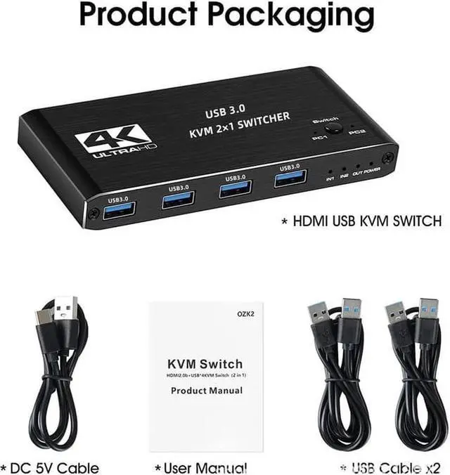 Main image of 4K @60Hz USB 3.0 KVM 2x1 Switch HDMI, 2 in 1 Out HDMI2.0 KVM Switch for for 2 PC Sharing Keyboard and Mouse EDID / HDCP Printer, Support 4K 60Hz HDCP2.3, Hotkey, USB 3.0 Port, HDMI2.0 in/Out Port