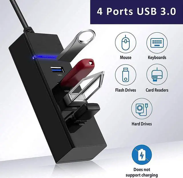Alt view image 2 of 7 - USB Hub 4 x USB3.0, 4 Port USB 3.0 Hub with 1ft USB Splitter Cable Multi USB Port Expander, USB Hub for Laptop, PC, Mac, Printer, Mobile HDD, USB Flash Drive, School or Business Computer Accessories