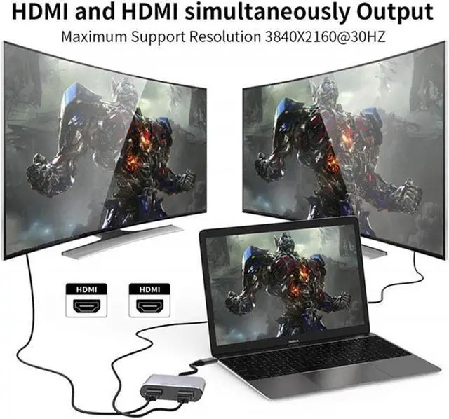 Alt view image 6 of 7 - USB C Type C to Dual HDMI USB 3.0 Type-C PD Converter 4 in 1 USB C Dock Station Hub 4K Hdmi Adapter Cable for Phone Macbook Laptop TV Monitor (Gray)