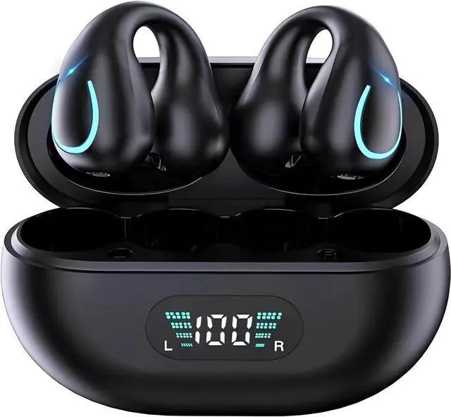 Main image of Open Ear Bone Conduction Headphones, Bluetooth Wireless Clip On Earbuds with Digital Display Charging Case 60 Hours Playtime IPX4 Waterproof Sports Headset for Running, Walking, Workout