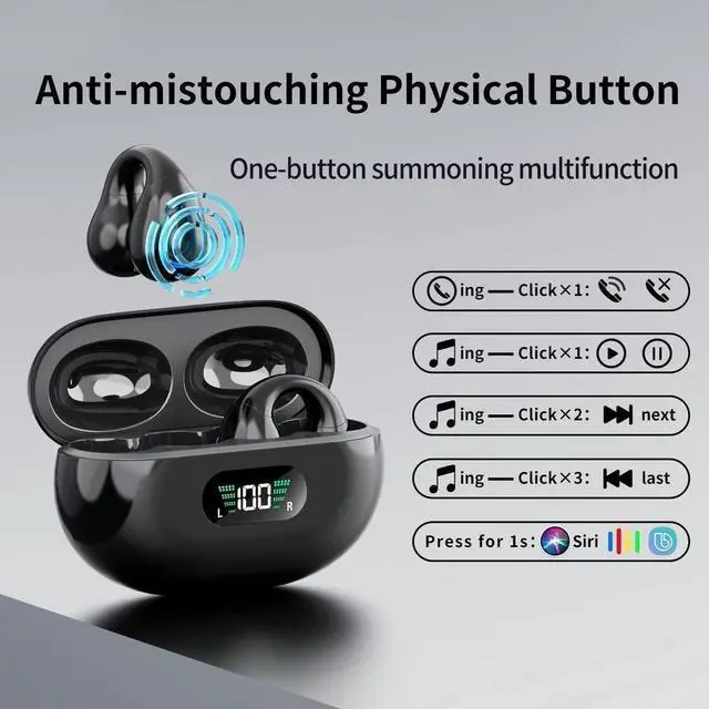 Alt view image 5 of 7 - Open Ear Bone Conduction Headphones, Bluetooth Wireless Clip On Earbuds with Digital Display Charging Case 60 Hours Playtime IPX4 Waterproof Sports Headset for Running, Walking, Workout