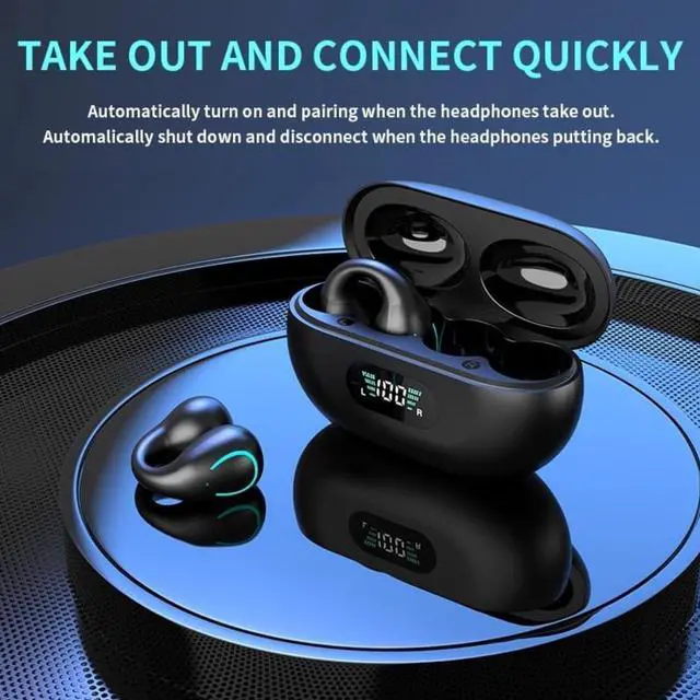 Alt view image 2 of 7 - Open Ear Bone Conduction Headphones, Bluetooth Wireless Clip On Earbuds with Digital Display Charging Case 60 Hours Playtime IPX4 Waterproof Sports Headset for Running, Walking, Workout