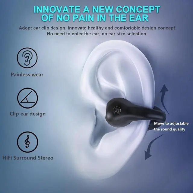 Alt view image 7 of 7 - Open Ear Bone Conduction Headphones, Bluetooth Wireless Clip On Earbuds with Digital Display Charging Case 60 Hours Playtime IPX4 Waterproof Sports Headset for Running, Walking, Workout