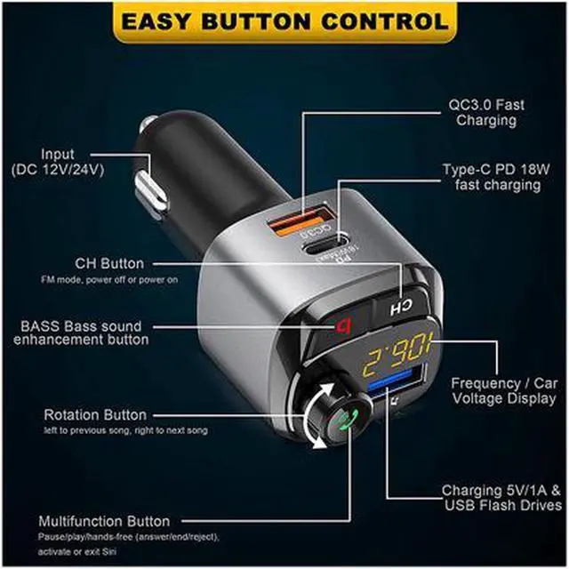 Alt view image 2 of 6 - Bluetooth 5.0 FM Transmitter for Car, QC3.0+Type-C PD 18W Wireless Bluetooth FM Radio Adapter Bass Sound Music Player FM Car Kit with Hands-free Calling and 3 USB Ports Charger Support USB Drive