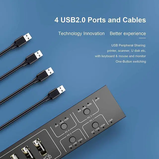 Alt view image 6 of 7 - HDMI KVM Switch 4 Port, HDMI USB Switch 4 In 1 Out KVM Switch Box 4K@60Hz for 4 PC Computers Share Monitor Keyboard And Mouse With 4 USB Cables 1 Switch Cable 1 Power Cable