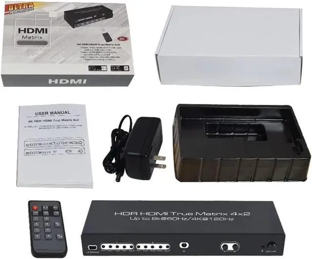 Alt view image 7 of 7 - 4x2 HDMI Matrix, UHD 8K @60Hz HDMI Matrix Switcher 4 in 2 Out 4K @120Hz HDR HDMI Splitter HDMI Scaler 8K 60Hz Sync, HDCP2.3 HDMI2.1 40 Gbps HDMI 2.1 Matrix 4x2 IR and Power Adapter