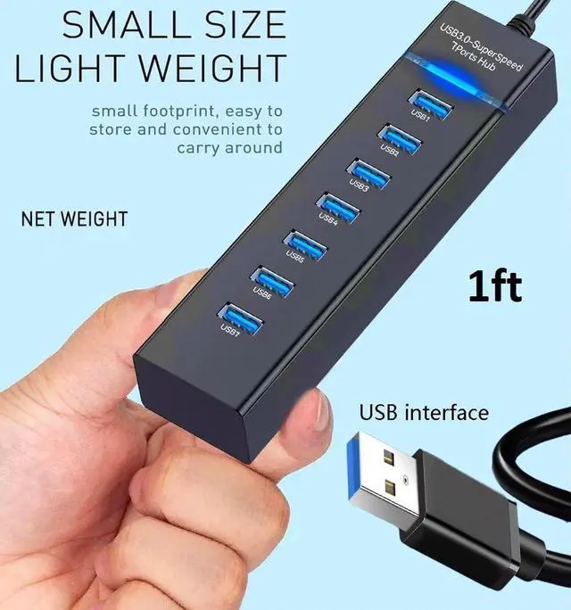 Alt view image 5 of 7 - 7 Port USB Hub 3.0, USB 5Gbps Data Transmission Hub Splitter 7-Ports, Computer Networking Hubs for Laptop, PC, MacBook, Mac Pro/Mini, PS4/5, XPS, Surface Pro, Galaxy Series, Mobile HDD, and More