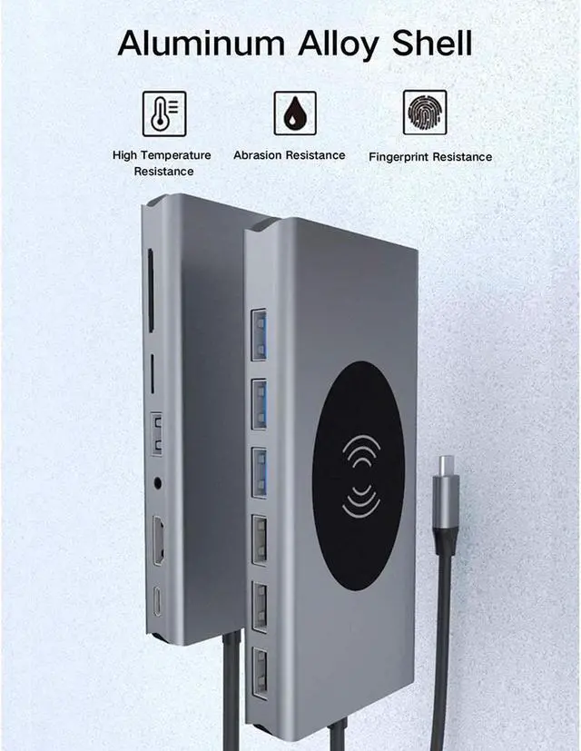 Alt view image 4 of 7 - 15-in-1 USB C Hub Adapter for MacBook Pro - W/Wireless Charging, 4K HDMI,1080P VGA,PD Port, Ethernet Port,SD Card Reader, 3 USB 3.0, 4 USB 2.0, 3.5mm Audio Port for Pixelbook XPS, More Type C Latops