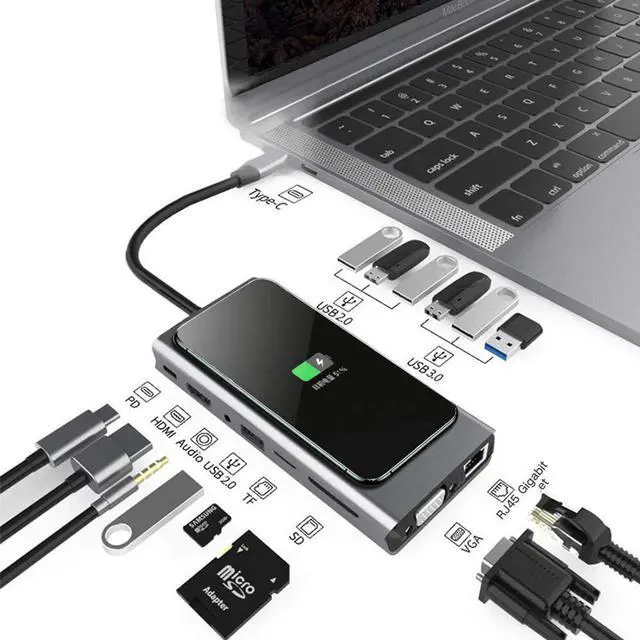 Main image of 15-in-1 USB C Hub Adapter for MacBook Pro - W/Wireless Charging, 4K HDMI,1080P VGA,PD Port, Ethernet Port,SD Card Reader, 3 USB 3.0, 4 USB 2.0, 3.5mm Audio Port for Pixelbook XPS, More Type C Latops