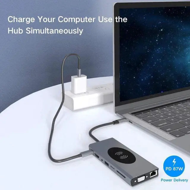 Alt view image 5 of 7 - 15-in-1 USB C Hub Adapter for MacBook Pro - W/Wireless Charging, 4K HDMI,1080P VGA,PD Port, Ethernet Port,SD Card Reader, 3 USB 3.0, 4 USB 2.0, 3.5mm Audio Port for Pixelbook XPS, More Type C Latops