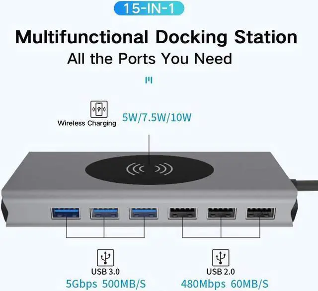 Alt view image 2 of 7 - 15-in-1 USB C Hub Adapter for MacBook Pro - W/Wireless Charging, 4K HDMI,1080P VGA,PD Port, Ethernet Port,SD Card Reader, 3 USB 3.0, 4 USB 2.0, 3.5mm Audio Port for Pixelbook XPS, More Type C Latops