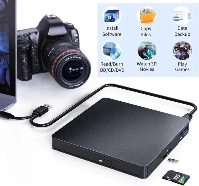 Alt view image 2 of 7 - External Bluray Drive, 5-in-1 USB 3.0 & Type-C 3D Blu-ray External CD DVD Burner Reader Writer Slim BD CD DVD Optical Bluray Drive forWindows XP/7/8/10, MacOS (with SD/TF Card Reader/2 USB3.0 Hubs)