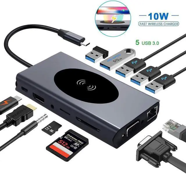 Main image of USB C Hub Multiport Adapter, 13 in 1 Type C Docking Station with Ethernet/Wireless Charge/4K HDMI Output/USB 3.0 Ports/60W PD/SD TF Card Reader for MacBook Pro