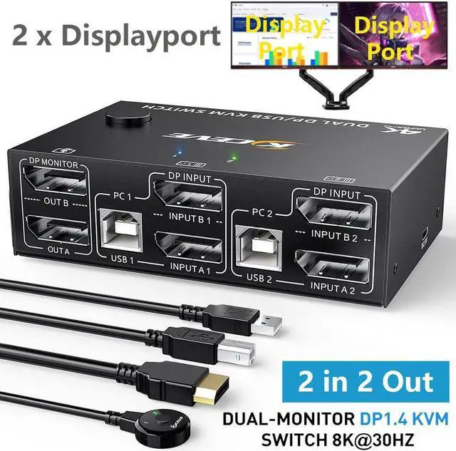 Main image of 2 Port Displayport KVM Switch Dual Monitor, 8K@30Hz DisplayPort1.4 KVM Switch 2 in 2 Out, DP Extended Display KVM Switch for 2 Computers Share 2 Monitors and 4 USB 2.0 Ports, Wired Remote and 4 Cables