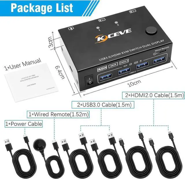 Alt view image 7 of 7 - Dual Monitor HDMI KVM Switch 4K@60Hz Simulation EDID, 2 Port HDMI USB 3.0 KVM Switch for 2 Monitors 2 Computers,Support Copy and Extended Display, with HDMI and USB 3.0 Cables & Wired Controller
