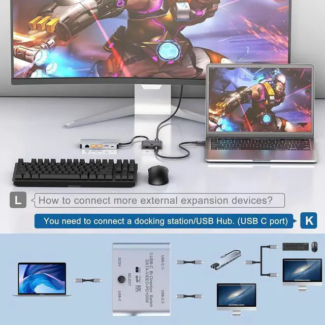 Main image of AUTYUE 8K USB C Switch Splitter USB C Switcher for 2 Computers - Bi Directional USB C KVM Switch 1 in 2 Out for 8K@60Hz/4K@144Hz Video Transfer+100W Charging+10Gbps Data, with Power Cable
