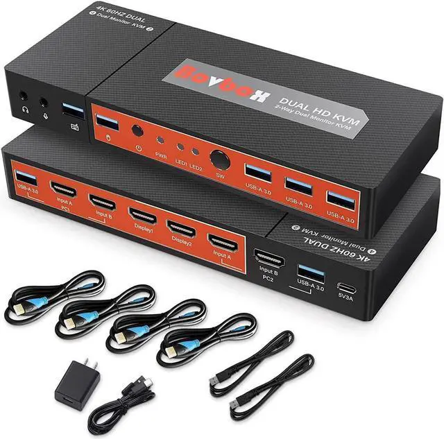 Main image of Dual Monitor HDMI KVM Switch 2 Port Extended Display, 4K @60Hz 4:4:4 KVM Switch 2 Monitors 2 Computers with 3x USB 3.0 Hub, Audio, Hotkey & Button Switching with 4 HDMI 2 USB Cables & Power Adapter