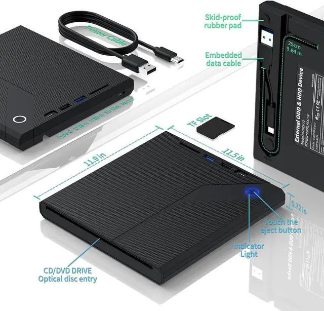 Main image of 5 in 1 External CD/DVD Drive for Laptop, Slot in CD ROM Burner Drive, USB 3.0 Type C DVD Player Mute Portable CD/DVD Burner Writer External Disk Optical Drive Compatible with Windows, Linux, MacOS