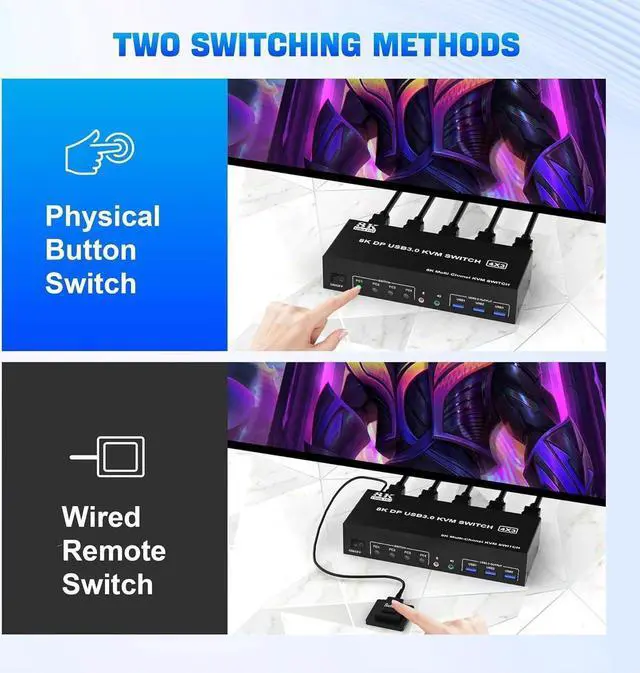 Main image of 8K Displayport USB 3.0 KVM Switch 3 Monitors 4 Computers, DP 1.4 Triple Monitor Displayport KVM Switch with Audio Microphone Output and 3 USB3.0 Ports, 8K DP KVM Triple Monitor Keyboard Mouse Switcher