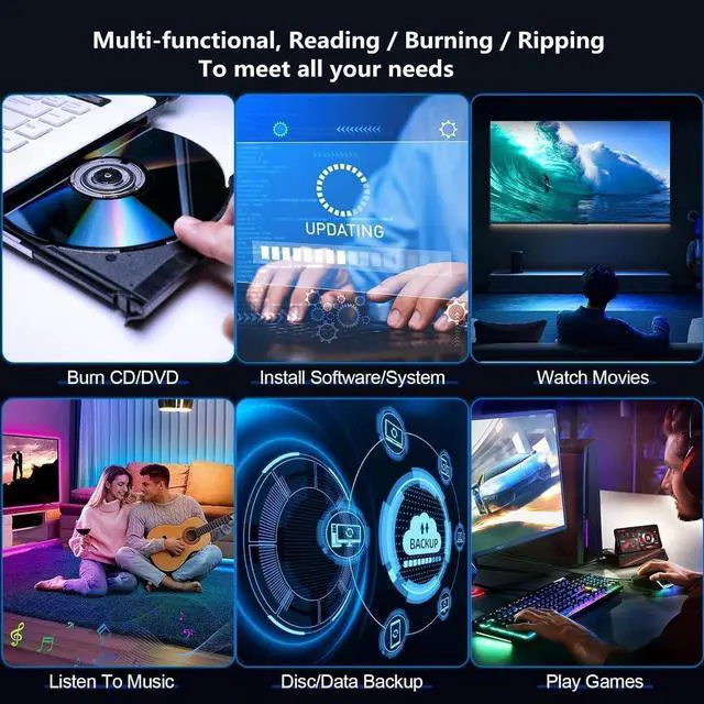 Main image of AUTYUE External CD DVD Drive for Laptop, USB 3.0 & Type-C Slim Portable External CD/DVD +/-Rw Drive Writer Reader Burner Disk Drive CD Player for Desktop PC Windows 11/10/8/7/XP Vista, Linux, MacOS