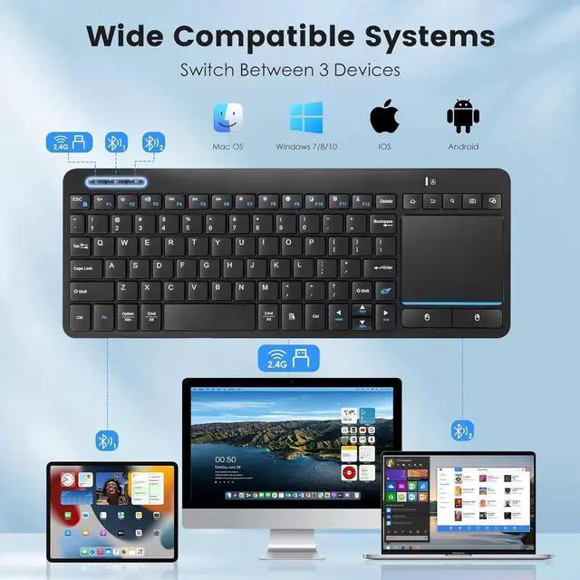 Alt view image 4 of 7 - Multi-Device Wireless Bluetooth Keyboard with Touchpad-Wireless TV Keyboard with Multi-Touch Big Size Trackpad,Support 3 Devices for TV,Windows, Android, Chrome OS, Laptop, Tablet