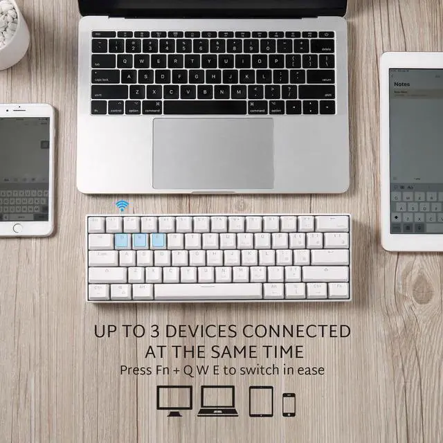 Alt view image 3 of 7 - CO-RN RK61 Mechanical Bluetooth 3.0 Wired/Wireless 61 Keys Multi-Device LED Backlit Gaming/Office 60 Keyboard for iOS, Android, Windows and Mac with Rechargeable Battery, Blue Switch - White