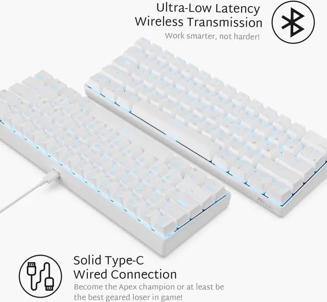 Alt view image 6 of 7 - CO-RN RK61 Mechanical Bluetooth 3.0 Wired/Wireless 61 Keys Multi-Device LED Backlit Gaming/Office 60 Keyboard for iOS, Android, Windows and Mac with Rechargeable Battery, Blue Switch - White
