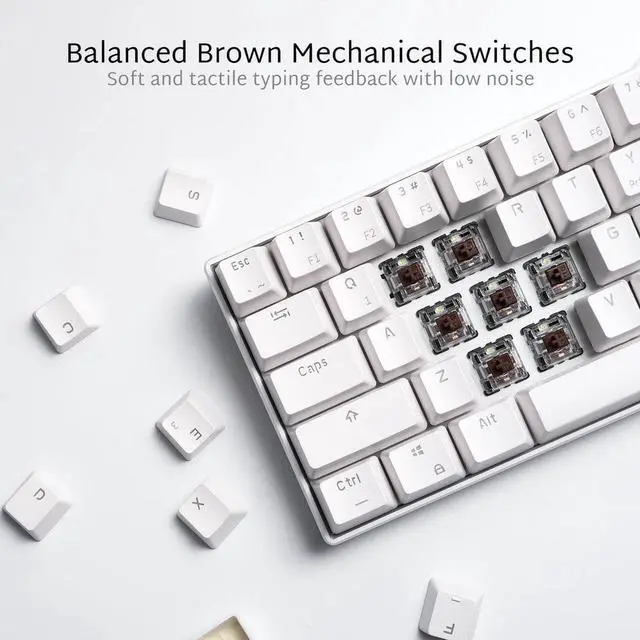 Alt view image 5 of 7 - CO-RN RK61 Mechanical Bluetooth 3.0 Wired/Wireless 61 Keys Multi-Device LED Backlit Gaming/Office 60 Keyboard for iOS, Android, Windows and Mac with Rechargeable Battery, Blue Switch - White