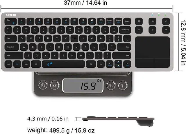 Alt view image 2 of 7 - Wireless Keyboard, Arteck 2.4G Wireless Touch TV Keyboard with Easy Media Control and Built-in Touchpad Mouse Solid Stainless Ultra Compact Full Size Keyboard for TV-Connected Computer, Smart TV, HTPC