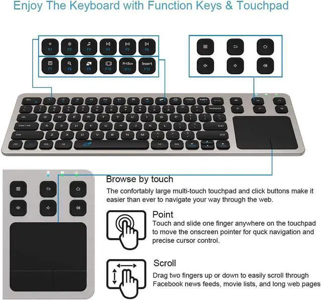 Alt view image 5 of 7 - Wireless Keyboard, Arteck 2.4G Wireless Touch TV Keyboard with Easy Media Control and Built-in Touchpad Mouse Solid Stainless Ultra Compact Full Size Keyboard for TV-Connected Computer, Smart TV, HTPC